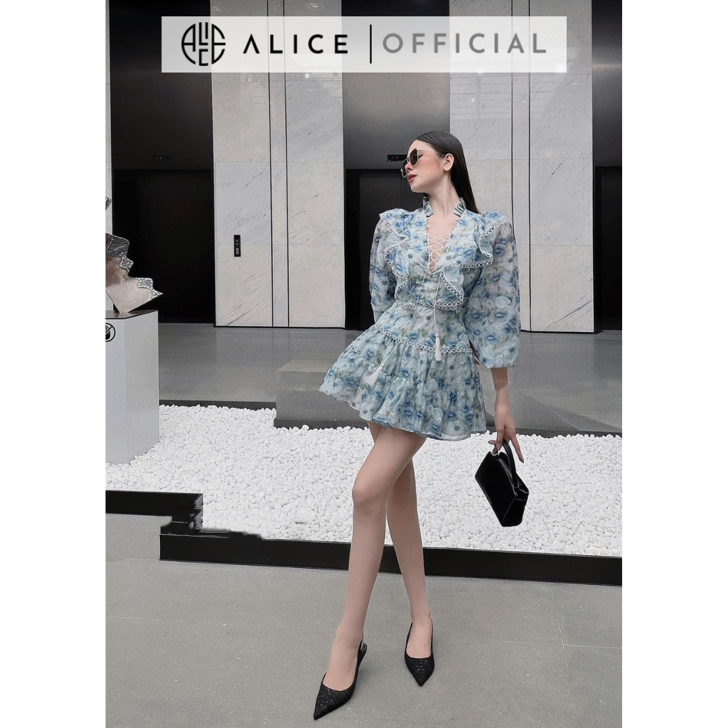 Váy Tơ Hoa Tiểu Thư ALICE Thiết Kế Cổ Chữ V Tay Bồng Dáng Xoè Phối Dây Ren Điệu Đà Nữ Tính V961