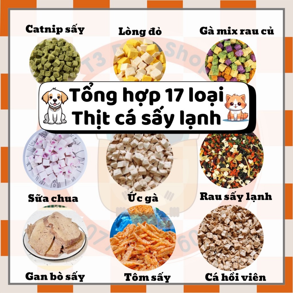 tổng hợp thịt (gà, cá, vịt, bò,...) và rau củ sấy dành cho chó mèo