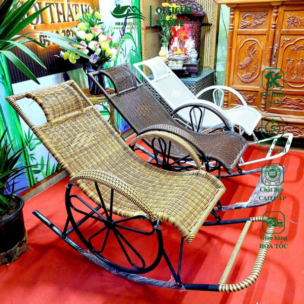 Ghế lười bập bênh thư giãn HEALHOMES mây nhựa khung thép cao cấp dùng đọc sách bảo hành 2 năm