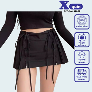 Chân váy nữ xẻ tà xếp ly phối dây kéo 2 bên kèm thắt dây 2 bên Xquin, Chân váy nữ chất kaki có lót quần trong