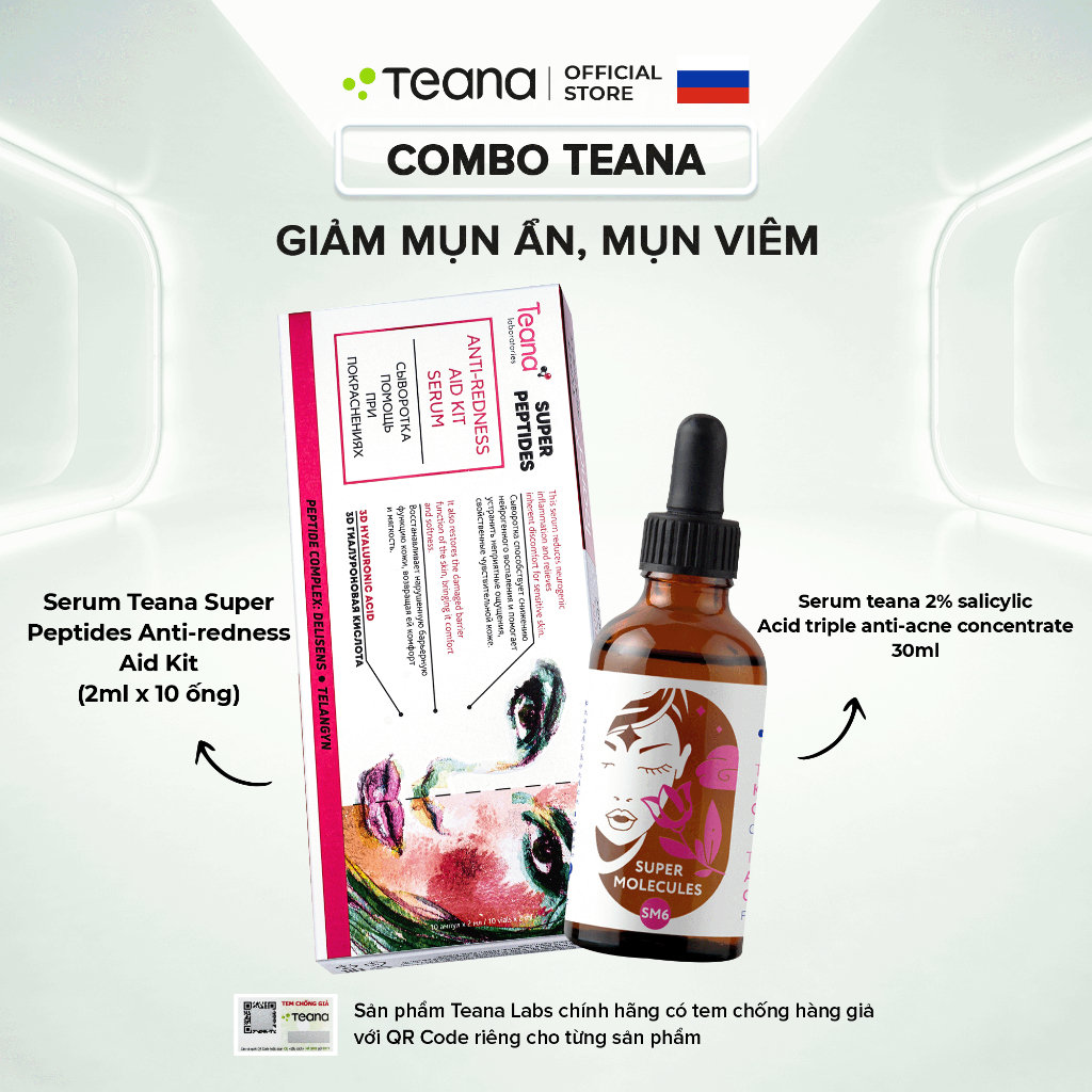 Combo Teana giảm mụn ẩn, mụn viêm (Serum Teana Anti-redness + Serum Teana SM6 2% Salicylic acid)