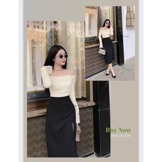 Áo kiểu trễ vai tay loe form croptop - chất vải lưới thun co dãn mềm mịn tk20