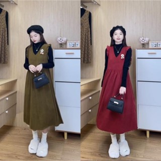  Váy Yếm Bầu Mùa đông Yếm nhung tăm kết hợp áo len tăm ấm áp rộng rãi thoải mái,mặc đi làm công sở 