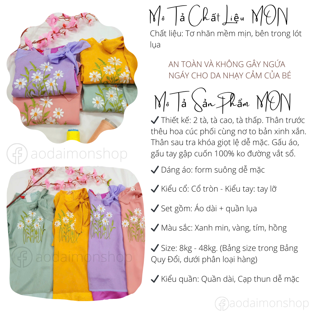 Set Áo Dài Bé Gái Cúc Chi Thêu Hoa Tơ 4 Tà