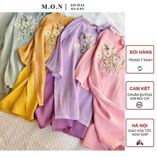 Set áo dài bé gái cúc chi thêu hoa tơ 4 tà