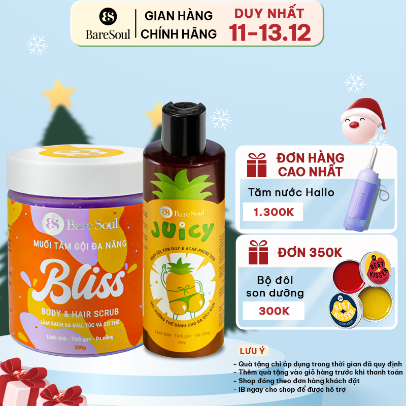 Combo dưỡng sáng chuyên sâu, giảm mụn viêm, mờ thâm giúp da căng mịn BareSoul Juicy 250g + BLISS 330g