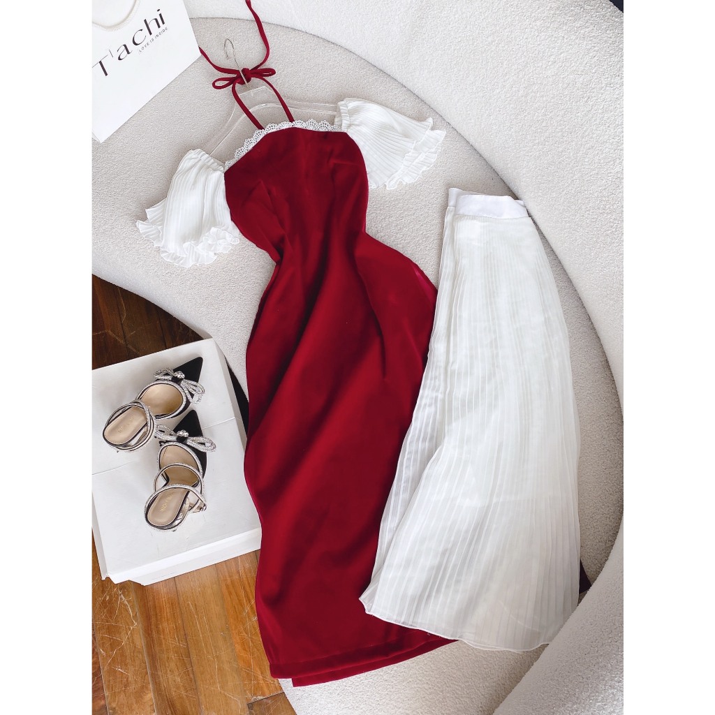 SET ÁO DÀI YẾM ĐỎ VIỀN REN TAY TIÊN TRẮNG + CHÂN VÁY DẬP LY