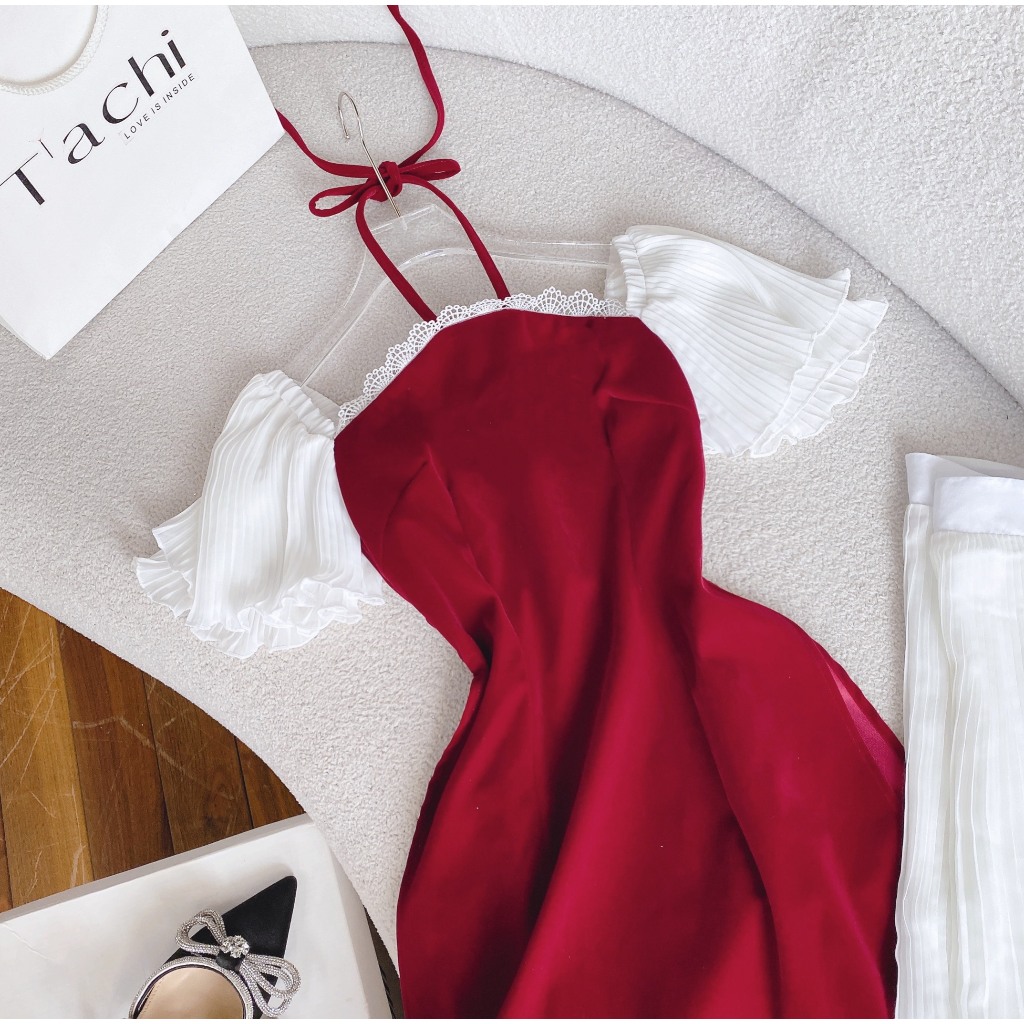 SET ÁO DÀI YẾM ĐỎ VIỀN REN TAY TIÊN TRẮNG + CHÂN VÁY DẬP LY