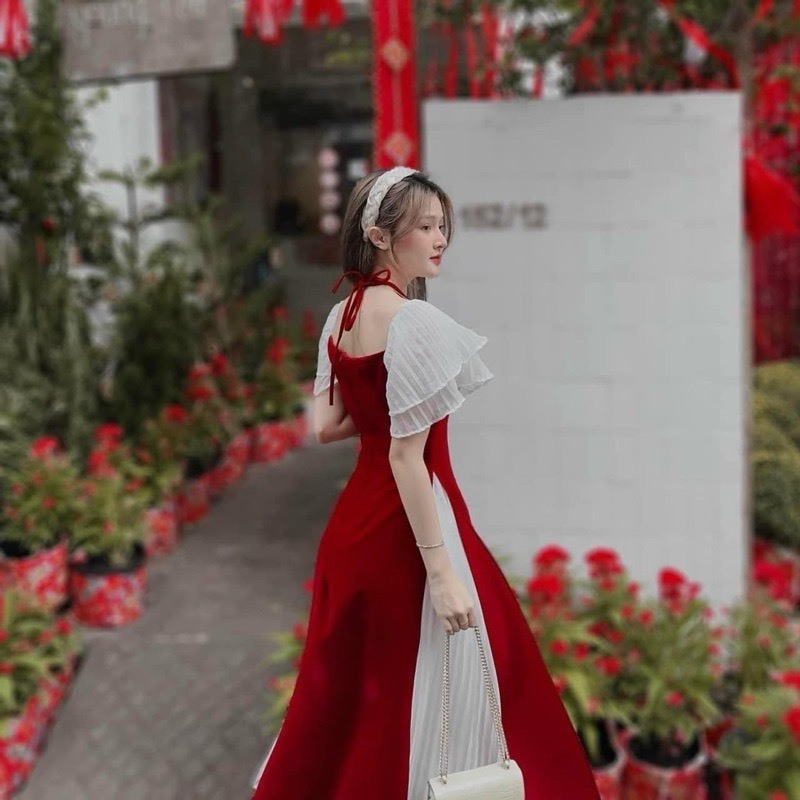 SET ÁO DÀI YẾM ĐỎ VIỀN REN TAY TIÊN TRẮNG + CHÂN VÁY DẬP LY