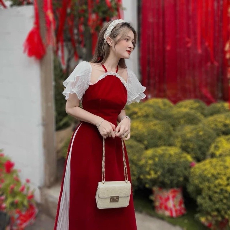 SET ÁO DÀI YẾM ĐỎ VIỀN REN TAY TIÊN TRẮNG + CHÂN VÁY DẬP LY