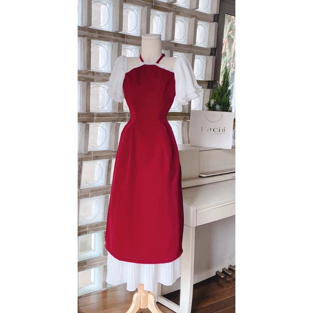 SET ÁO DÀI YẾM ĐỎ VIỀN REN TAY TIÊN TRẮNG + CHÂN VÁY DẬP LY