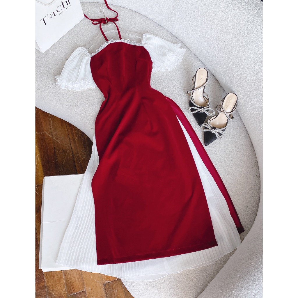 SET ÁO DÀI YẾM ĐỎ VIỀN REN TAY TIÊN TRẮNG + CHÂN VÁY DẬP LY