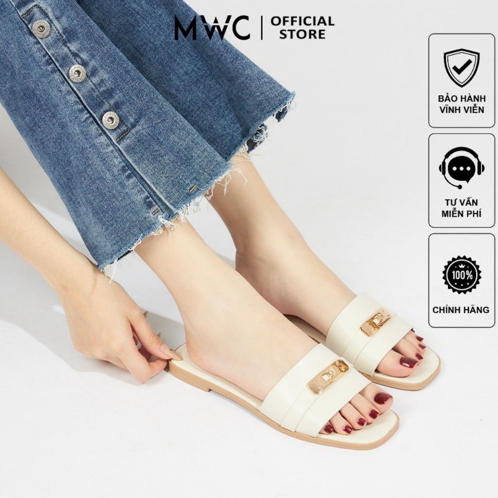 Dép Nữ MWC 8376 - Dép Nữ Đế Bằng Quai Ngang Đính Khoá Kim Loại