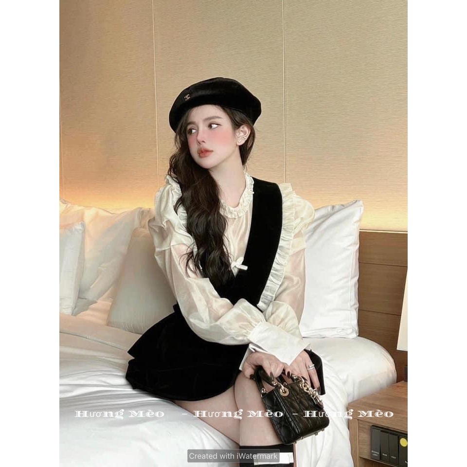 Set áo sơ mi mix váy, set áo sơ mi tơ tay bồng kèm váy nhưng xòe điệu đà bánh bèo Medolin.vn 524HM