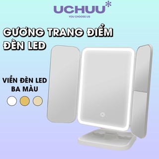  Gương Để Bàn UCHUU Trang Điểm Gương Đèn LED 3 Màu Làm Đẹp Cửa Gập Mở 2 Cánh 
