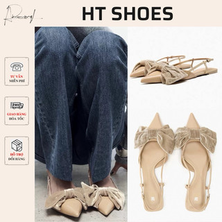 Giày sandal ZR hở gót mũi nhọn đính nơ nhung to siêu xinh đế bệt phong cách tiểu thư dịu dàng dễ phối đồ Fullbox #6032-A