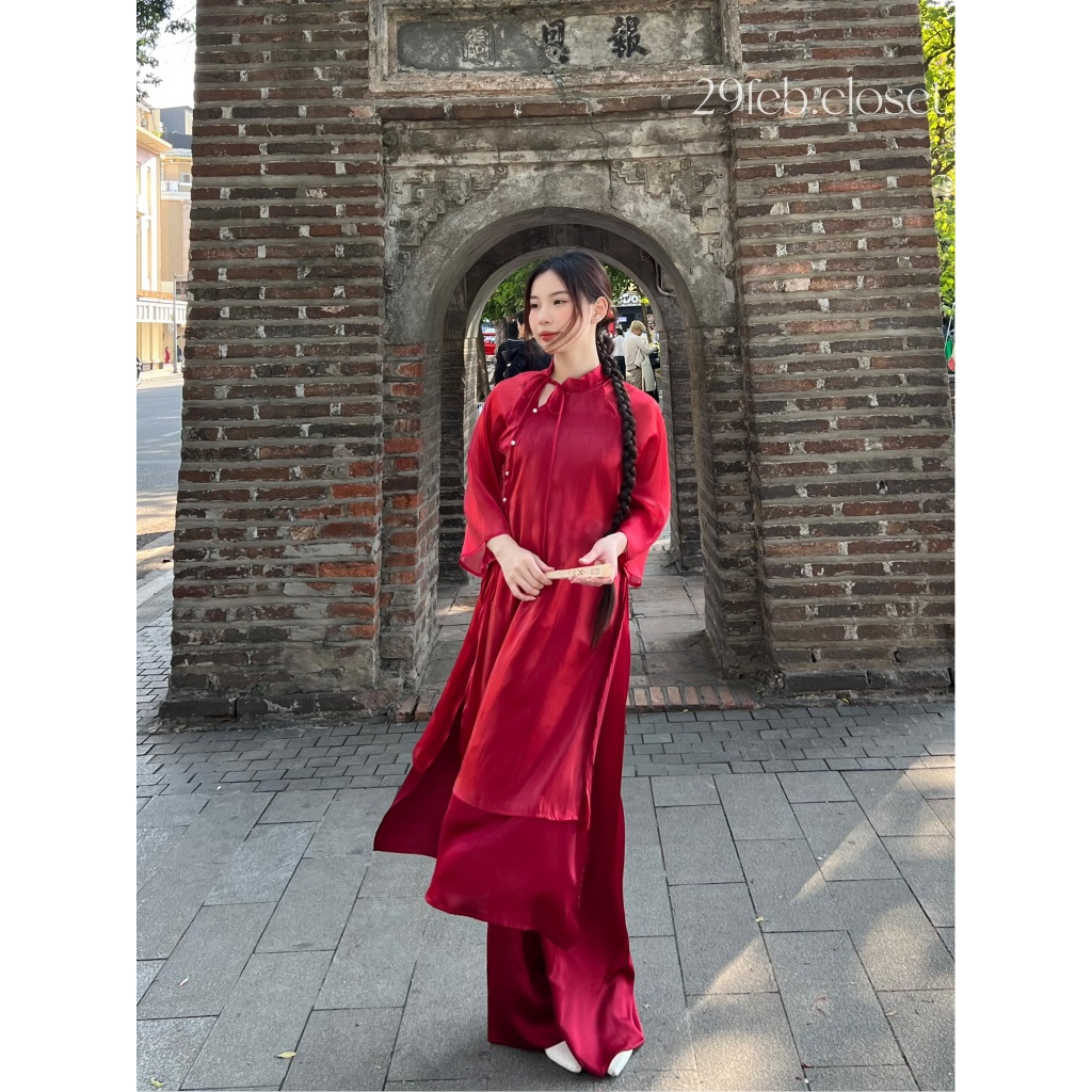 Set Áo Dài Cách Tân BÍCH ĐÀO 29feb.closet Tơ Óng 4 Tà Nơ Cổ Cách Điệu Kèm Quần Lụa Phối Màu Xinh Xắn - S145