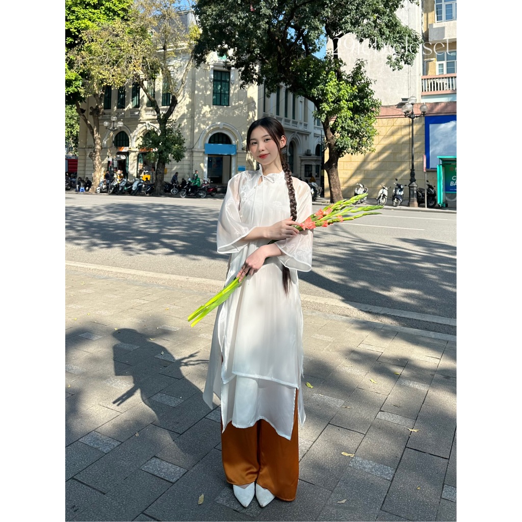 Set Áo Dài Cách Tân BÍCH ĐÀO 29feb.closet Tơ Óng 4 Tà Nơ Cổ Cách Điệu Kèm Quần Lụa Phối Màu Xinh Xắn - S145