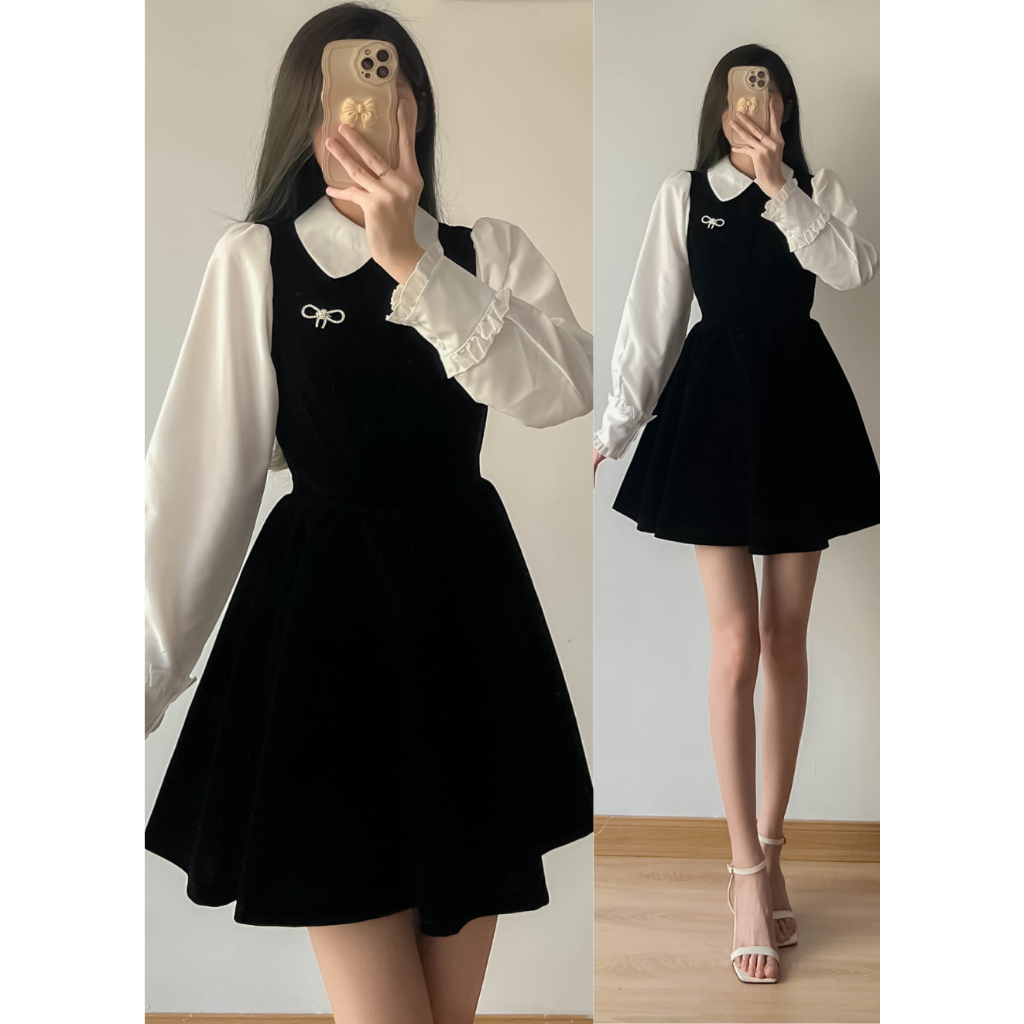 Váy nhung cổ sen tay pha kèm tag nơ đá form siêu tôn dáng Maiai Vaynhung179 P0K16