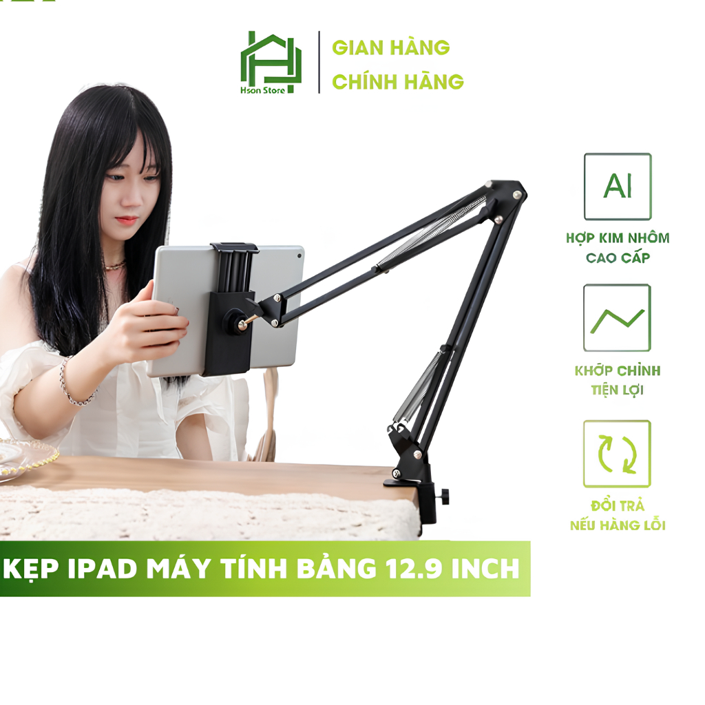 Kẹp ipad giá đỡ máy tính bảng 12.9 inch, giá đỡ điện thoại HSON kẹp cạnh bàn đầu giường xoay 360 độ điều chỉnh mọi hướng