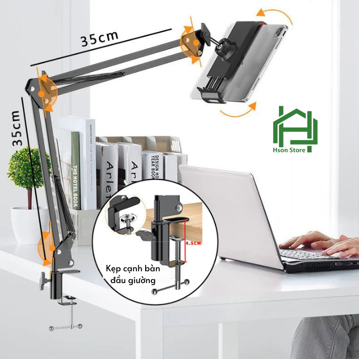 Kẹp ipad giá đỡ máy tính bảng 12.9 inch, giá đỡ điện thoại HSON kẹp cạnh bàn đầu giường xoay 360 độ điều chỉnh mọi hướng