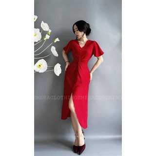 Đầm Roise tone đỏ thuần tôn da sang trọng quý phái chất chiffon mềm nhẹ bay bổng Emera