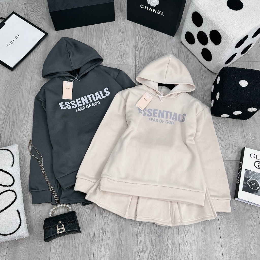 Set Bộ Đồ Nữ Áo Dáng Dài  In  Essen Phối Mũ Mix Chân Váy Xếp Ly Dáng Ngắn freesize