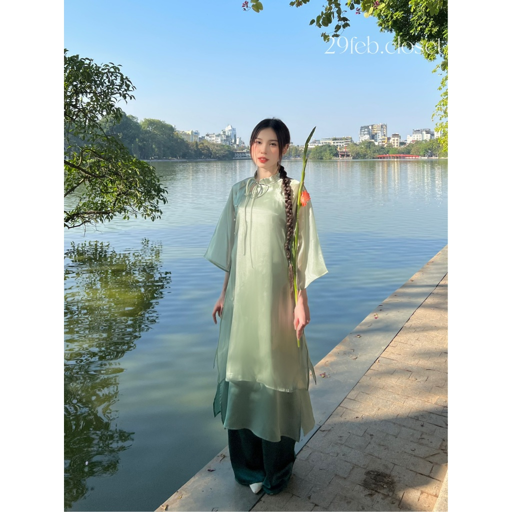 Set Áo Dài Cách Tân BÍCH ĐÀO 29feb.closet Tơ Óng 4 Tà Nơ Cổ Cách Điệu Kèm Quần Lụa Phối Màu Xinh Xắn - S145