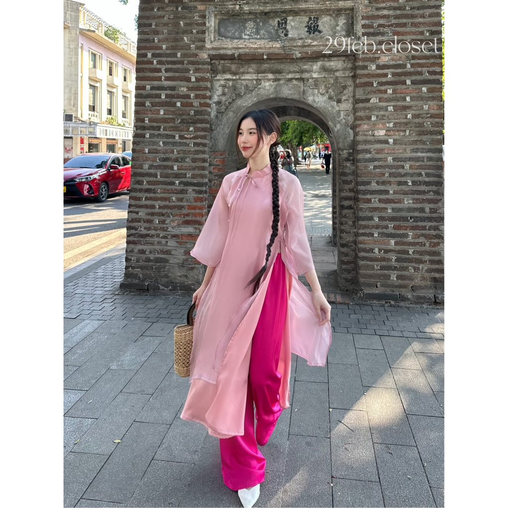 Set Áo Dài Cách Tân BÍCH ĐÀO 29feb.closet Tơ Óng 4 Tà Nơ Cổ Cách Điệu Kèm Quần Lụa Phối Màu Xinh Xắn - S145