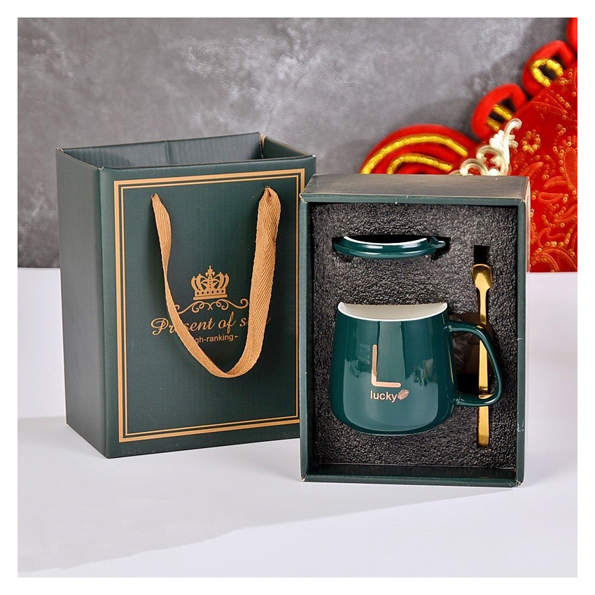 Cốc sứ LUCKY GIFT quà tặng kèm hộp và thìa khuấy, cốc uống nước đẹp