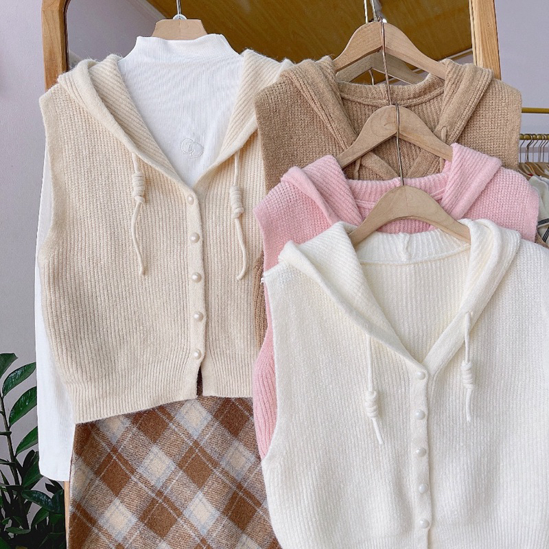 Áo len ghile mũ cúc ngọc cài cùng màu cực xinh hàng Qc A346