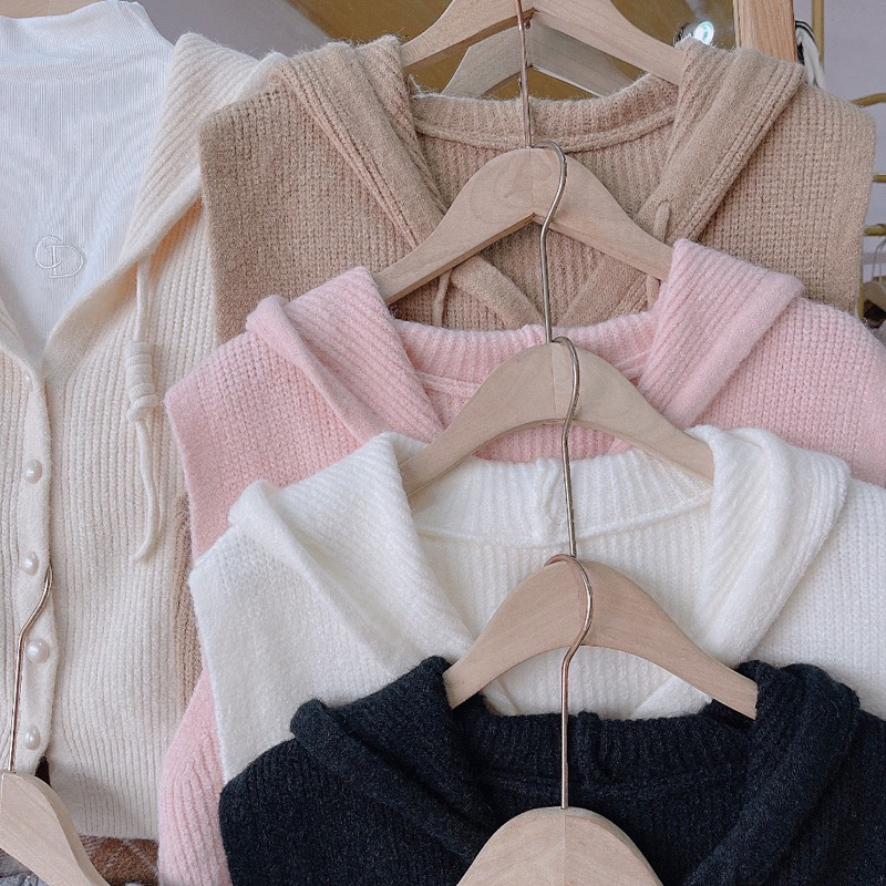 Áo len ghile mũ cúc ngọc cài cùng màu cực xinh hàng Qc A346