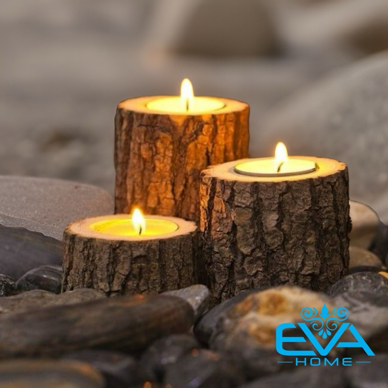 Combo 3 Wooden Candle Holder 3cm - 5cm - 8m Chân Đế Nến Gỗ Kèm Nến Tealight Trang Trí Tiệc Và Decor