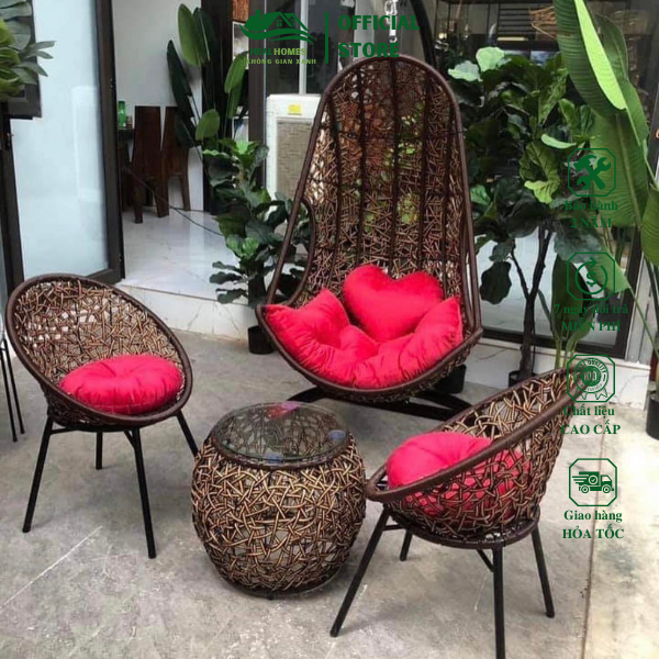 Bộ bàn ghế PuTin 3D chân chéo gồm 1 bàn và 2 ghế giả mây lõi thép dùng thư giãn trang trí sân vườn xem phim đọc sách
