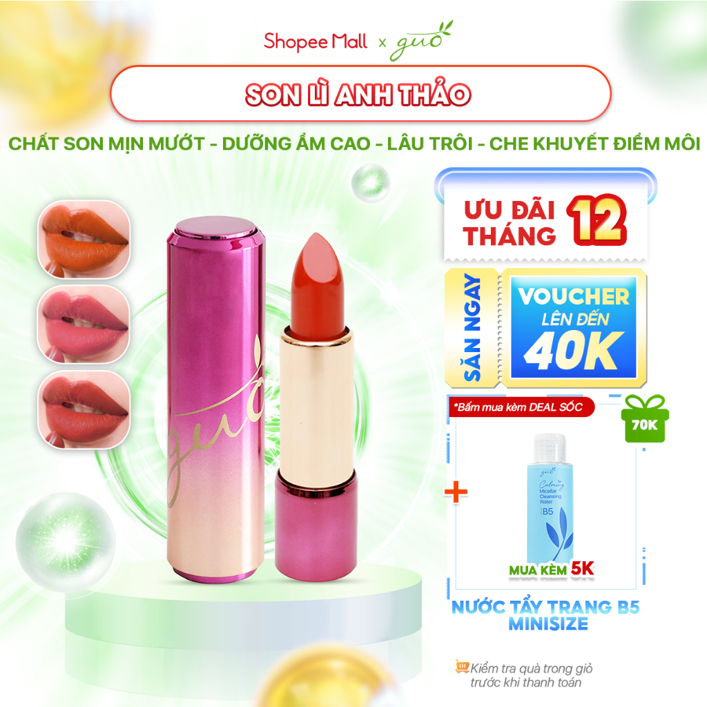 [0% Khô Môi - Hợp mọi tone da] Son Lì Anh Thảo Không Chì, Thiên Nhiên GUO 5gr - GUO Lip Color Matte