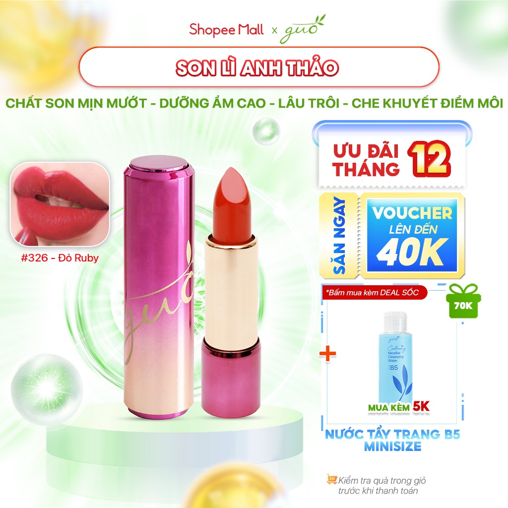 Son Lì Anh Thảo Màu Đỏ Vang mềm môi, trắng da - Red Tango GUO 5gr