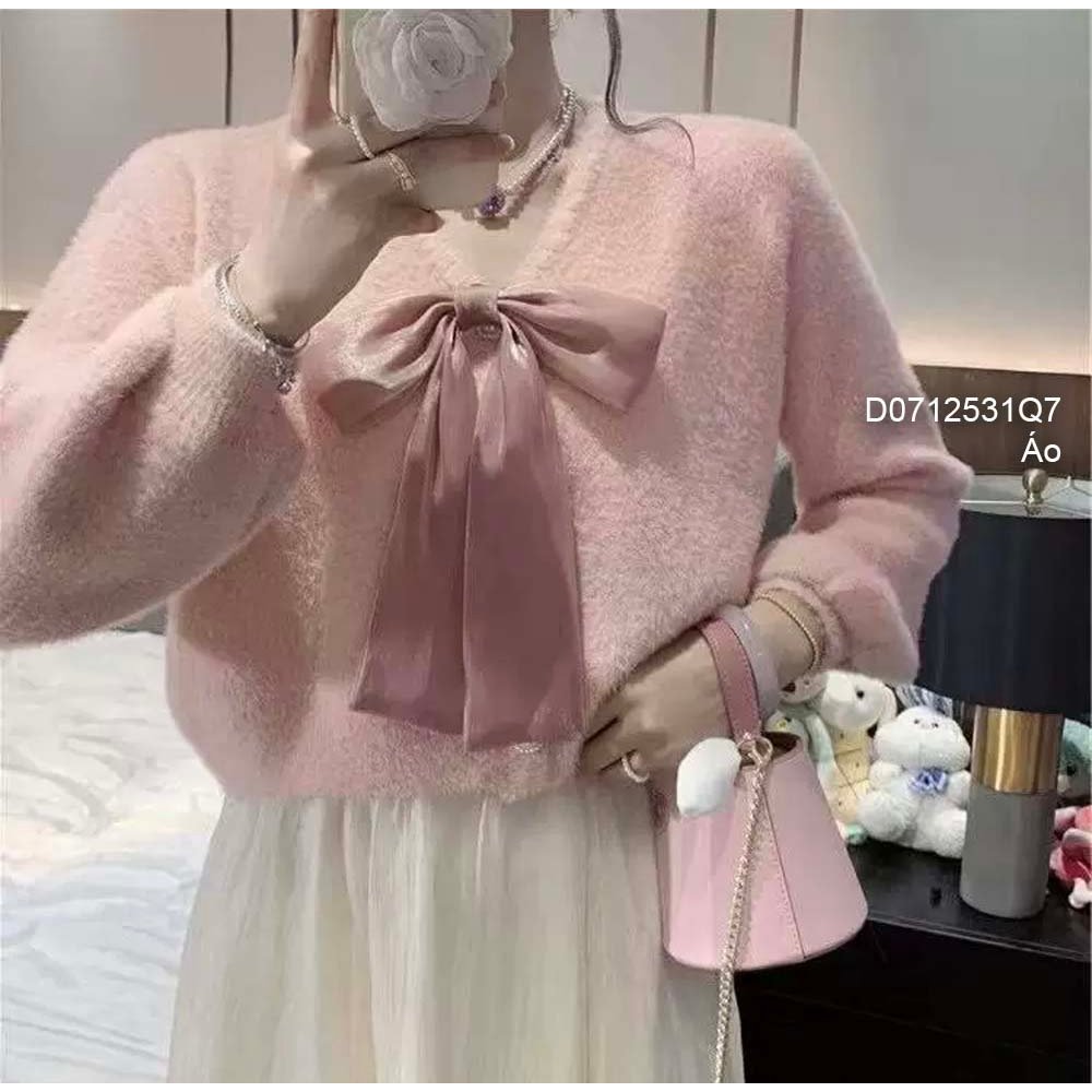 Áo len lông màu cổ tim cột nơ cổ V tay dài hàng QC! CHAUS Boutique
