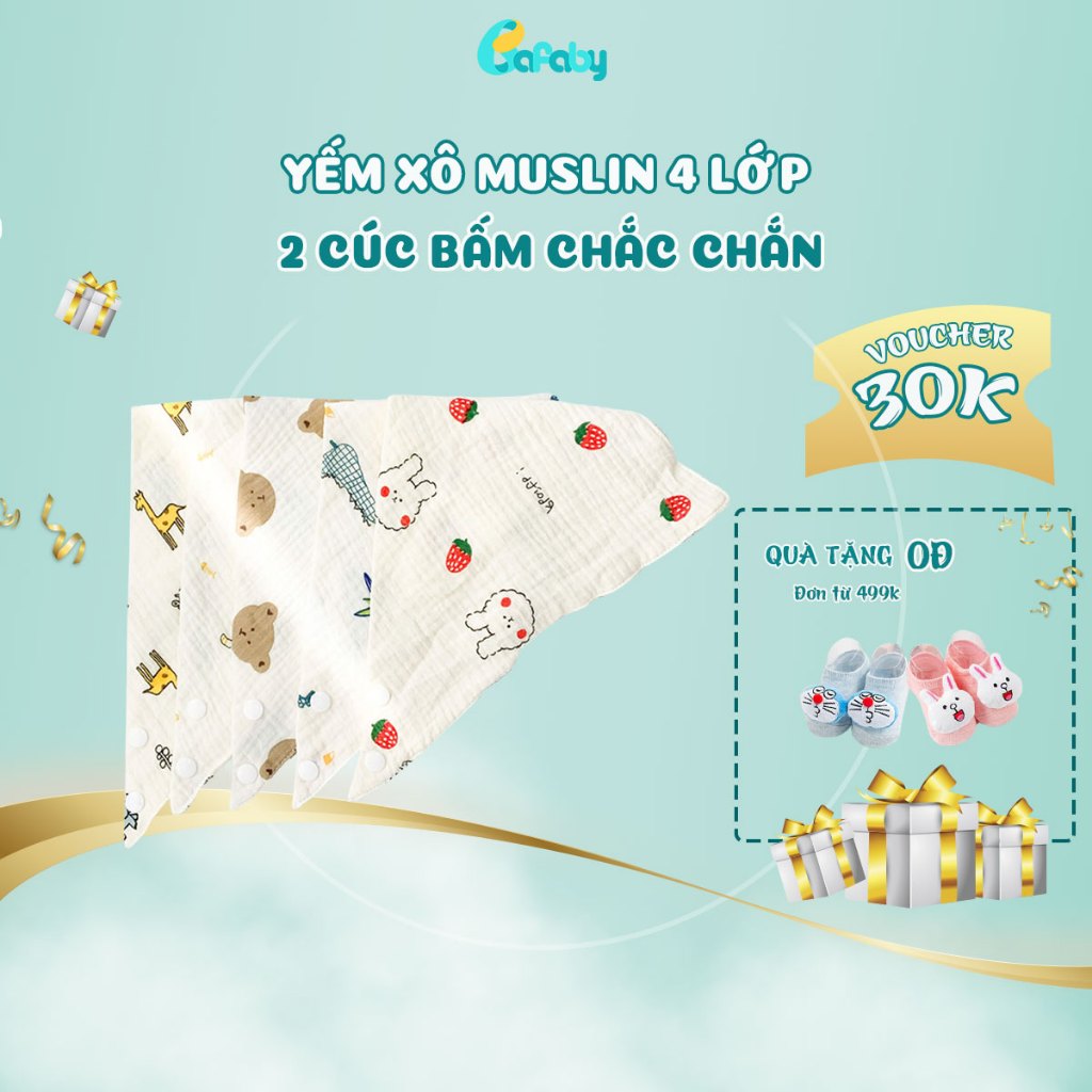 Yếm Xô Muslin Cho Bé Cao Cấp Có Cúc Bấm Điều Chỉnh Hình Tam Giác 4 Lớp BAFABY 332L