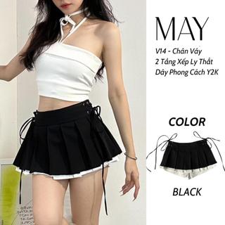 V14 - Chân Váy 2 Tầng Xếp Ly Thắt Dây Phối Trắng Đen Phong Cách Y2K