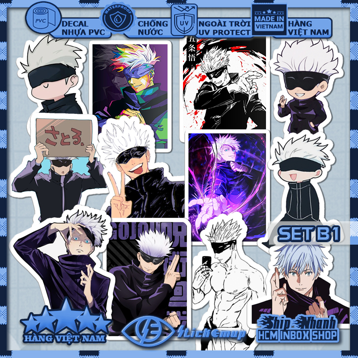 Sticker Hình dán Saturo Gojo - Jujutsu kaisen  - Hàng VN, chất liệu decal nhựa pvc, không thấm nước, dán xe, nón, laptop