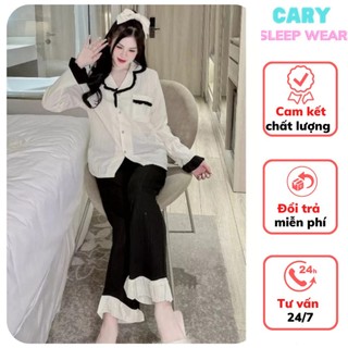 Bộ đồ ngủ nữ pyjama tay dài quần dài chất xốp gân mặc nhà dễ thương CARY