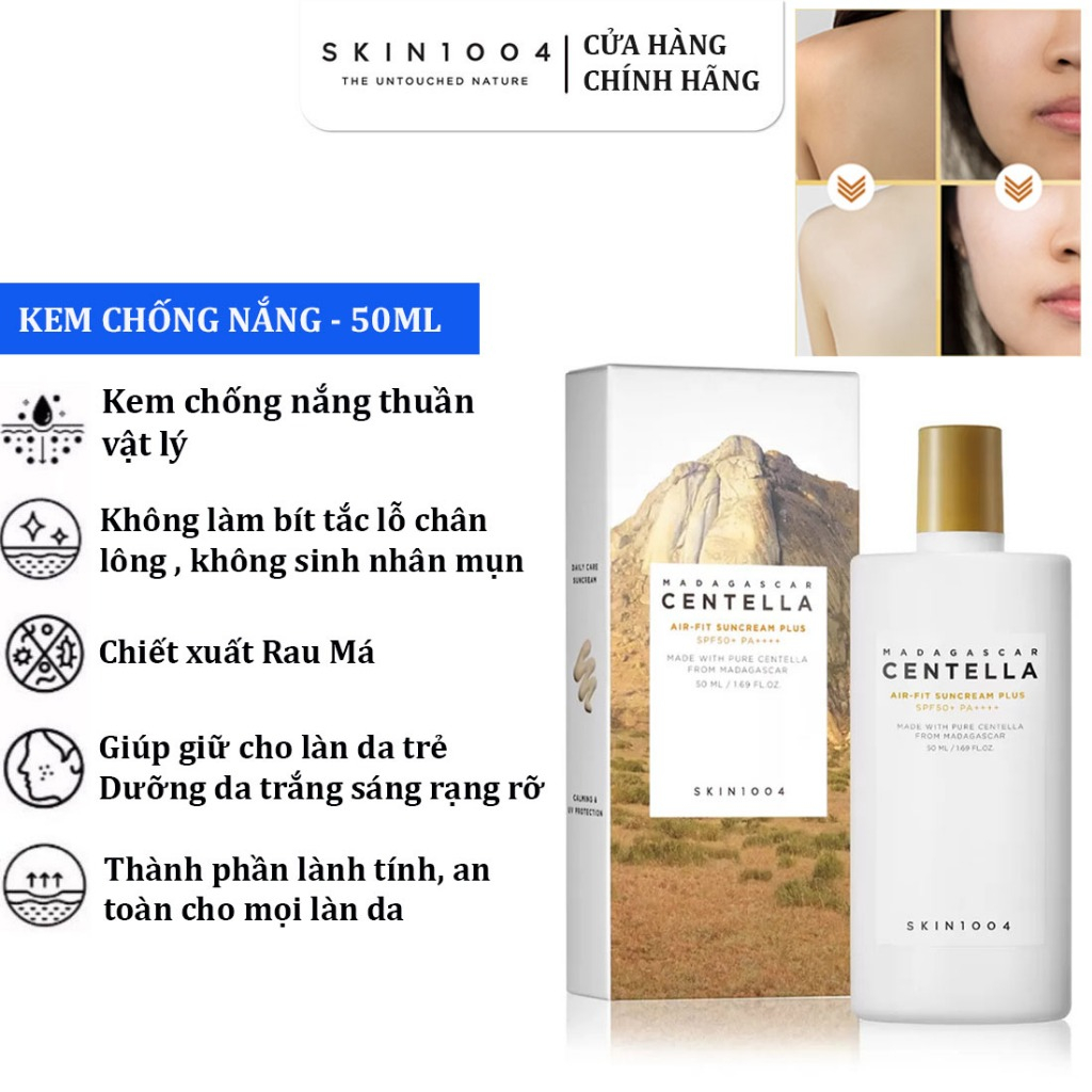 Kem chống nắng Skin 1004 SPF50+ PA++++ 50ml Madagascar Centella chiết xuất rau má cho da dầu và da nhạy cảm