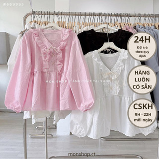 Áo kiểu tay dài bo thun cổ nhún bèo 669995
