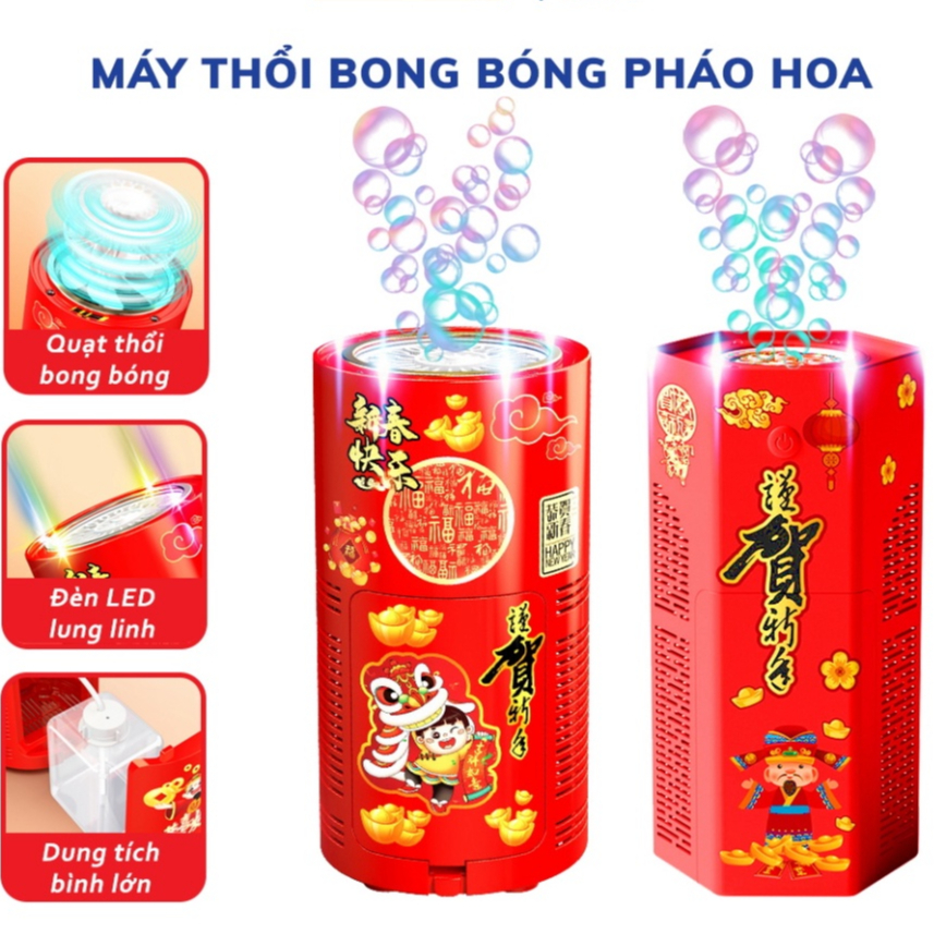 Máy Thổi Bong Bóng Tự Động Có Đèn Led Kèm Nhạc - Loa Bắn Bong Bóng Phao Hoa Trang Trí Vui Nhộn Đón Tết