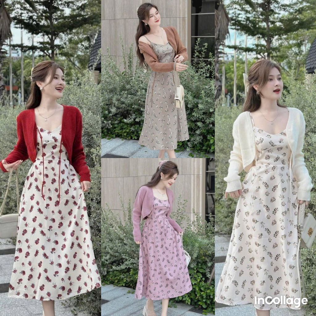 Đầm lụa ý hai dây in hoa  kèm áo khoác tăm lạnh tay dài cột dây xinh xắn