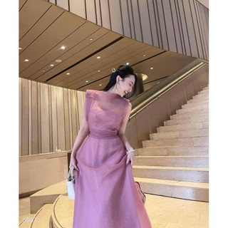 MAXI HỒNG TƠ GÂN NHĂN THẮT NƠ EO