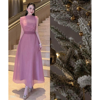 MAXI HỒNG TƠ GÂN NHĂN THẮT NƠ EO