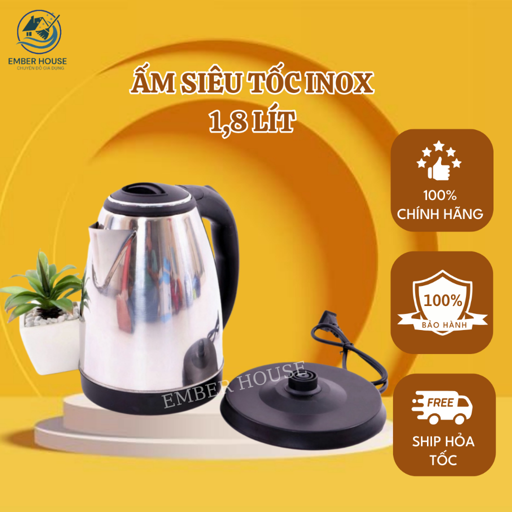 Ấm Siêu Tốc Inox 1,8 Lít Electric Kettle Chính Hãng Đun Sôi Cực Nhanh / Bảo Hành 1 Đổi 1 - ST2