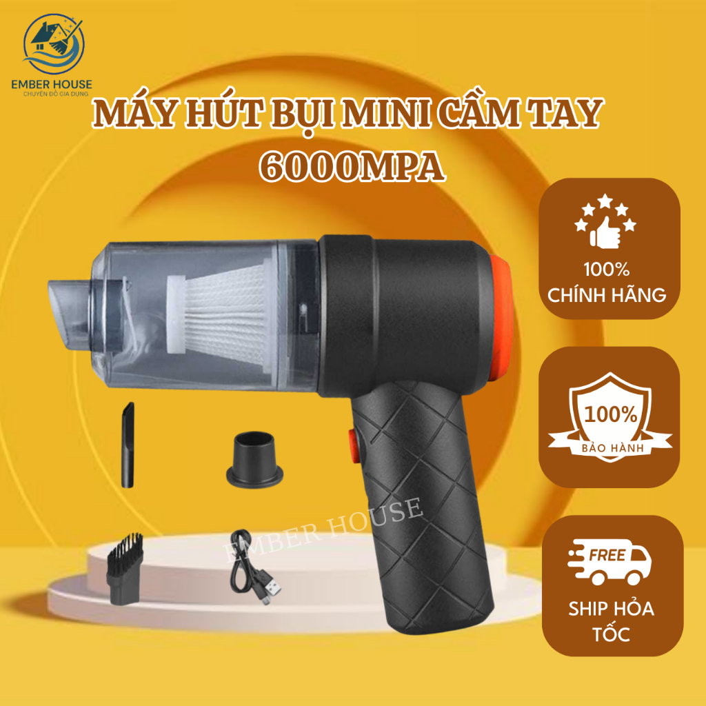 Máy Hút Bụi Mini Cầm Tay EMBER Không Dây Lực Hút 6000MPA Nhỏ Gọn, Pin Sạc Tiện Lợi, Công Suất 60w Siêu Mạnh