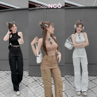 Set áo ba lỗ nữ form croptop mix quần dài ống rộng phối túi hộp 3 màu năng động cá tính shop ngô fashion